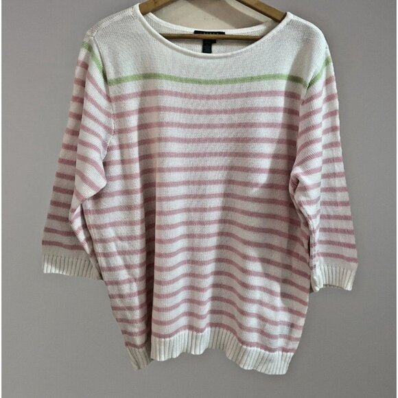 VTG Lauren Ralph Lauren Cotton Sweater Womens 3X Pink Striped Pullover Preppy - Picture 1 of 7